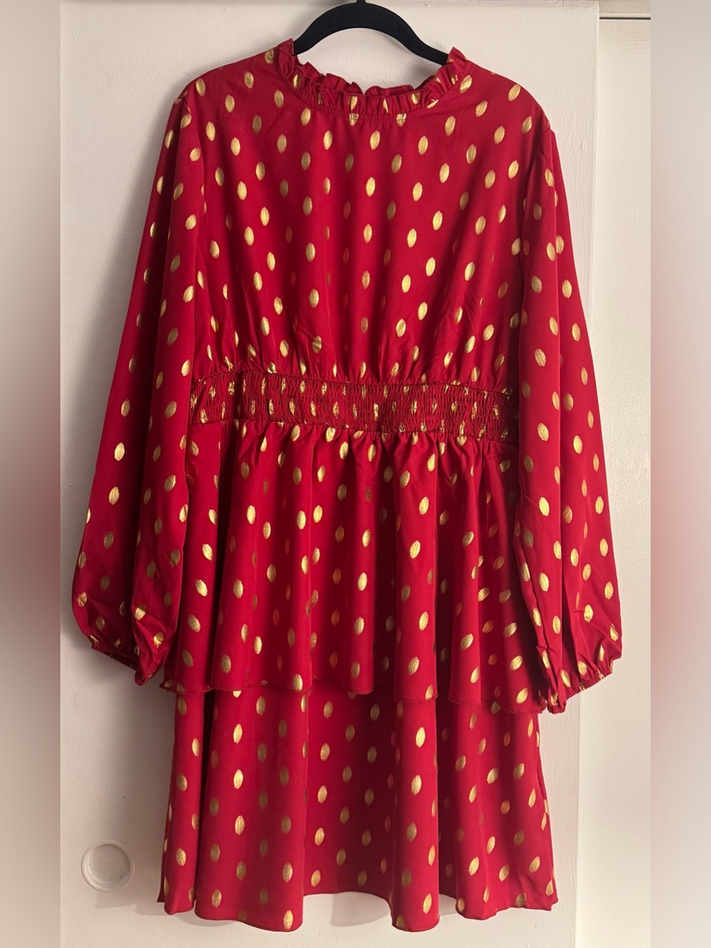 SHEIN Red Long Sleeve Tiered Dress with Gold Polka Dots
